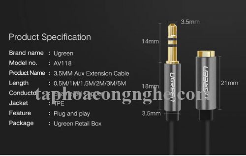 Ugreen 10779 0.5M màu Đen Cáp âm thanh 3.5mm nối dài AV118 30010779